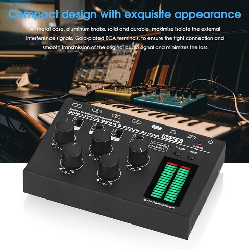 جهاز مزج الصوت الصغير Douk Audio MX5 ذو 4 قنوات مدخل خط 3.5 مم مع مقياس مستوى LED وضجيج منخفض جدًا للكمبيوتر ومشغل الأقراص المضغوطة والكمبيوتر ومكبر الصوت وسماعات الرأس ومكبر الصوت in Kuwait