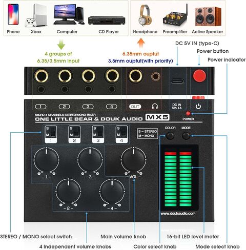 جهاز مزج الصوت الصغير Douk Audio MX5 ذو 4 قنوات مدخل خط 3.5 مم مع مقياس مستوى LED وضجيج منخفض جدًا للكمبيوتر ومشغل الأقراص المضغوطة والكمبيوتر ومكبر الصوت وسماعات الرأس ومكبر الصوت in Kuwait