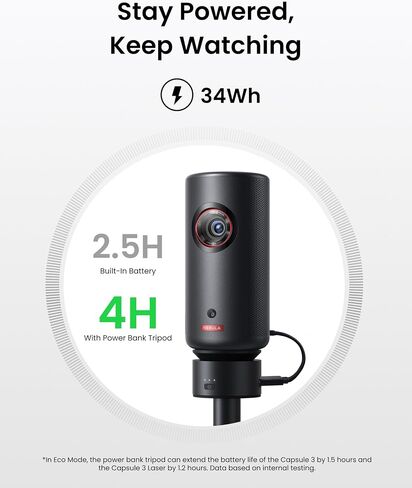 NEBULA Capsule Power Bank Tripod, Up to 2H Built-in Battery, Adjustable Height from 215mm to 840mm, 0-90 Degree Adjustable Viewing Angle, 3s Easy Setup, for The Capsule Series (Only Tripod) in Saudi Arabia