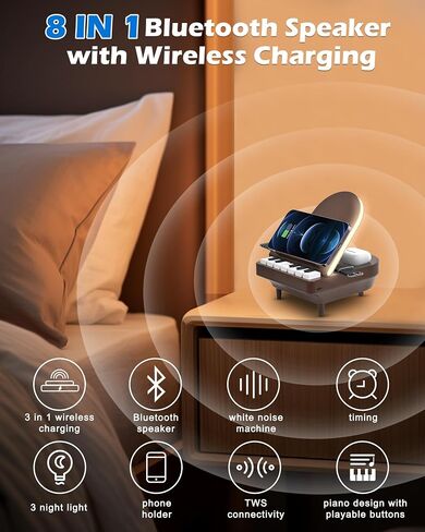 8 in 1 Piano Gifts, 3 in 1 Wireless Charging Station, Bluetooth Speaker with Lights, Piano Playing Key, Speaker for Home/Office/Party/Outdoor, Birthday Gift (Black) in Saudi Arabia