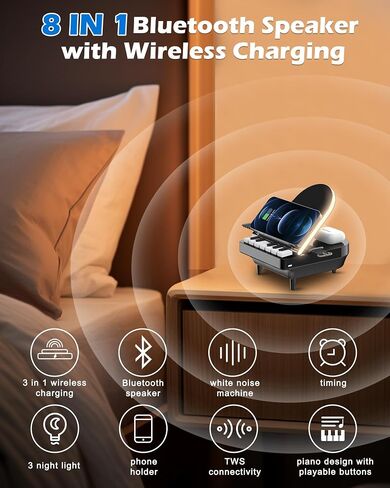 8 in 1 Piano Gifts, 3 in 1 Wireless Charging Station, Bluetooth Speaker with Lights, Piano Playing Key, Speaker for Home/Office/Party/Outdoor, Birthday Gift (Black) in Saudi Arabia