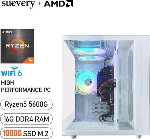 Gaming PC AMD Ryzen5 5600G 6Cores 3.9GHz UP to 4.40 GHz Processor, 16GB DDR4 RAM, 1Tb NVMe SSD, AMD Radeon Vega7 Graphics 600W Windows 11 Home WI-FI Gaming Desktop Computer White in Saudi Arabia