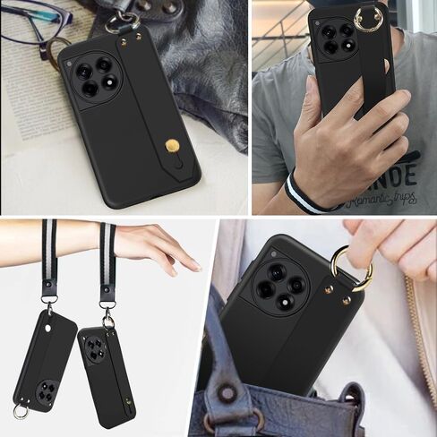 حافظة لهاتف OnePlus 12R 5G/OnePlus Ace 3، حافظة سوار مع حزام معصم مع واقي شاشة من الزجاج المقسى، حافظة معصم من السيليكون TPU لهاتف OnePlus 12R 5G 2024 - أسود in Kuwait