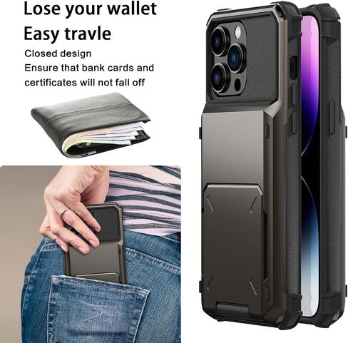 for iPhone 14 Pro Case with Card Holder Slot [Store 5 Cards] Hidden Credit Card ID Rugged Protection Hard PC Phone Cases iPhone14Pro 5G i i-Phone i14 iPhone14 14Pro Cover for Women Men Blue in Saudi Arabia