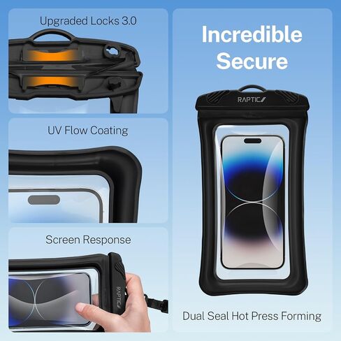 RAPTIC IPX8 Waterproof Phone Pouch Floating, [3.0 Olecranon Waterproof Clip], 2 Pack Waterproof Phone Case with Lanyard, Travel Beach Cruise Essentials for iPhone 15 Pro Max 14 13 12/Samsung 24 Black in Saudi Arabia