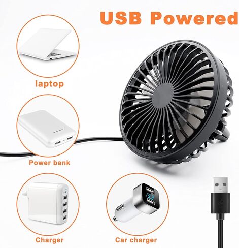 zuvas سيارة مروحة USB مروحة مع ضوء الليل، 360 درجة دوران مروحة مشبك لدوران الهواء في السيارة، 3 سرعة الرياح مروحة تبريد مكيف الهواء لشاحنة سيارة الدفع الرباعي RV في الهواء الطلق، أسود in Kuwait