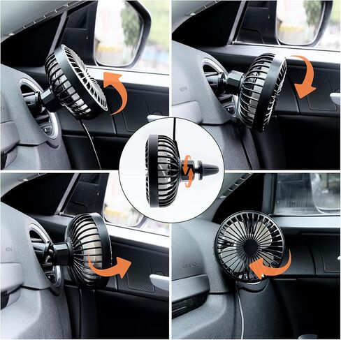 zuvas سيارة مروحة USB مروحة مع ضوء الليل، 360 درجة دوران مروحة مشبك لدوران الهواء في السيارة، 3 سرعة الرياح مروحة تبريد مكيف الهواء لشاحنة سيارة الدفع الرباعي RV في الهواء الطلق، أسود in Kuwait