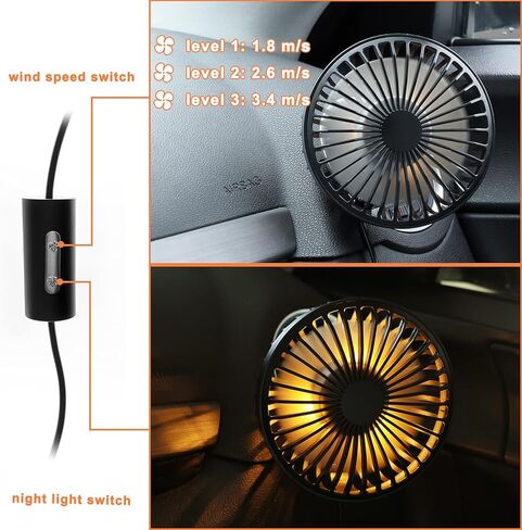 zuvas سيارة مروحة USB مروحة مع ضوء الليل، 360 درجة دوران مروحة مشبك لدوران الهواء في السيارة، 3 سرعة الرياح مروحة تبريد مكيف الهواء لشاحنة سيارة الدفع الرباعي RV في الهواء الطلق، أسود in Kuwait