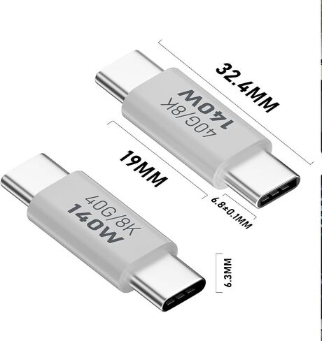 محول USB C أنثى إلى أنثى، موسع وصلة USB من النوع C يدعم 140 وات، 40 جيجابت في الثانية، 8K@60 هرتز لأجهزة الكمبيوتر المحمول والهواتف والمزيد من الأجهزة من النوع C (أبيض)، عبوتان in Kuwait