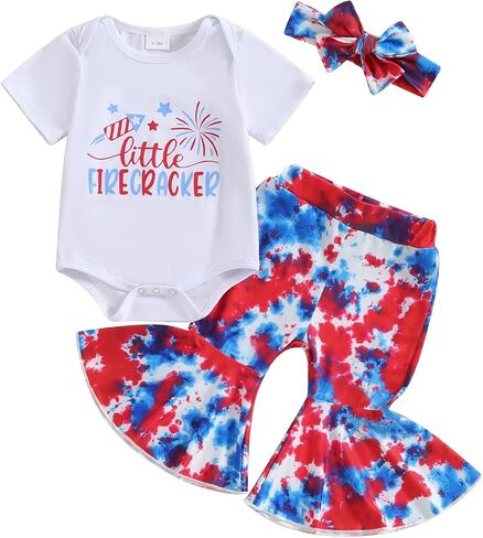 Hnyenmcko 4th of July Baby Girl Outfits Newborn Short Sleeve Romper Bell Bottoms Pants Fourth of July Clothes in Saudi Arabia