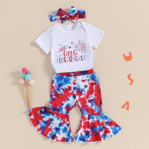 Hnyenmcko 4th of July Baby Girl Outfits Newborn Short Sleeve Romper Bell Bottoms Pants Fourth of July Clothes in Saudi Arabia