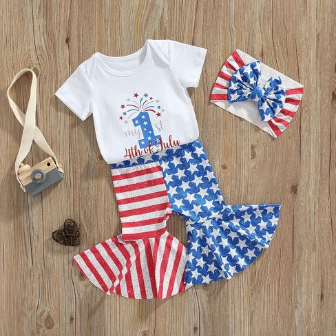 Hnyenmcko 4th of July Baby Girl Outfits Newborn Short Sleeve Romper Bell Bottoms Pants Fourth of July Clothes in Saudi Arabia