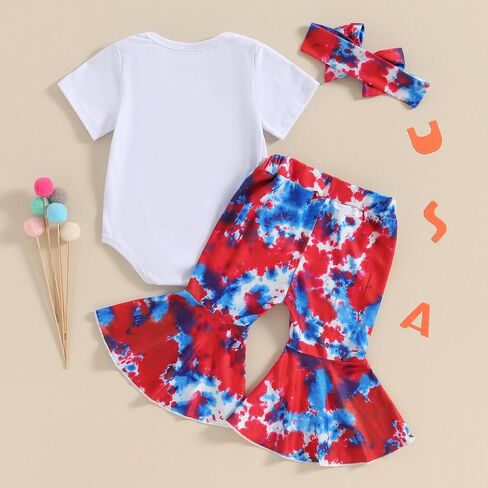 Hnyenmcko 4th of July Baby Girl Outfits Newborn Short Sleeve Romper Bell Bottoms Pants Fourth of July Clothes in Saudi Arabia