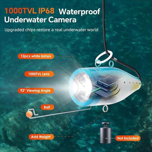 Underwater Fishing Camera, Ice Fishing Camera, Portable Fish Finder Camera HD 1000 TVL 12PCS White LED Waterproof Camera with 7 Inch LCD Monitor, Carrying Case for Lake Boat Ice Fishing in Saudi Arabia