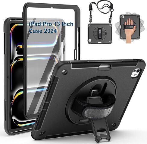 Case for iPad Pro 13 Inch 2024, Full Body Protective Rugged iPad Pro 13 M4 Cover 7th Generation with Pencil Holder, Screen Protector, Rotating Stand, Strap, Black in Saudi Arabia