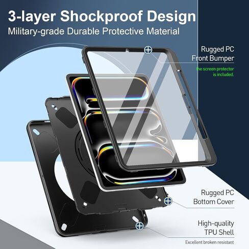 Case for iPad Pro 13 Inch 2024, Full Body Protective Rugged iPad Pro 13 M4 Cover 7th Generation with Pencil Holder, Screen Protector, Rotating Stand, Strap, Black in Saudi Arabia