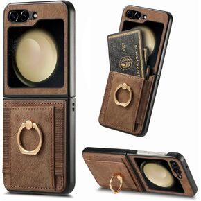 for Samsung Galaxy Z Flip 6 with Card Holder,Wallet Phone Case with Built-in Rotate Ring Stand PU Leather Protective Kickstand Case for Women Girls Samsung Galaxy Z Flip 6 Brown