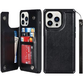 iCoverCase Compatible with iPhone 13 Pro Max Wallet Phone Case with Card Holder for Women, RFID Blocking Embossed PU Leather Wrist Strap Case 6.7 Inch (Heart Black)