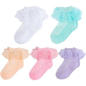 Meeshine 5 Pairs Baby Girls Ruffle Lace Ankle Socks Eyelet Mesh Thin Frilly Dress Cotton Socks for Toddler Kids 1-8T