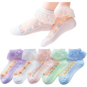 5 Pairs Ruffle Lace Trim Dress Socks for Toddler Girls Summer Soft Breathe Eyelet Frilly Socks Little Girls(3T-12T)