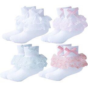 Toddler Baby Girls Ruffle Lace Socks Princess Dress Double Lace Cotton White Frily Socks