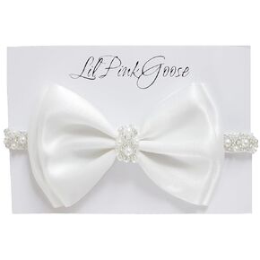 0-12 Newborn Baby Baptism Pearl Headband with Bow in WHITE Christening Headband with Satin Bow, Pearl Rhinestone Band (Champagne(0-3Months), 0-3Months)