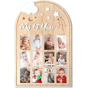 My First Year Wooden Photo Board, Baby’s First Year Picture Frame, One Year Birthday Photo Display Wood Board, 12 Months Milestone Board Photo Frame, Gift for Newborn Baby 1st Birthday Memories Nursery Decoration (Flower)