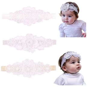 Delicate Lace Floral Baby Girl Headbands 2-3 pcs Newborn Infant Toddler Elastic Hair Band Set Baby Shower Birthday Christenings Gift Hair Accessories (White A, 3 pcs)