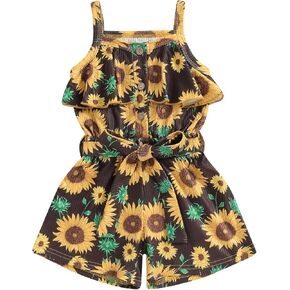 Toddler Kids Girl Summer Outfits Daisy Floral Sleeveless Ribbed Romper One Piece Halter Jumpsuit Shorts Overalls 1-6T