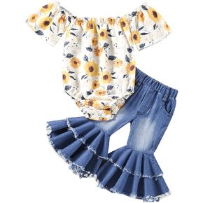 Infant Girl Bell Bottoms Outfit Sunflower Off Shoulder Bodysuit Romper Denim Flared Pants Summer Jean 2 Pieces Set