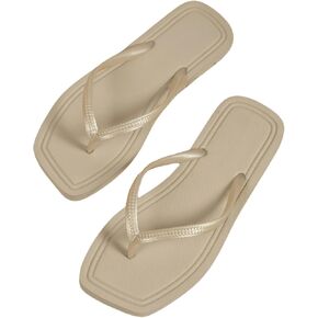 Verdusa Women's T-Strap Thong Flat Sandals Square Toe Slip On Flip Flops