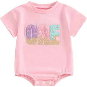 GOOCHEER Infant Baby Girl Birthday Outfit Ice Cream One Embroidery Romper T-Shirt Short Sleeve Bodysuit Summer Clothes