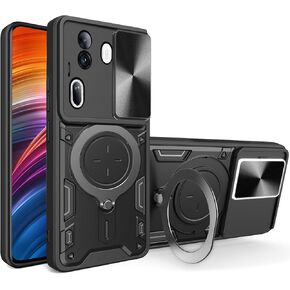 Ysnzaq Armor Case for Oppo Reno 11 Pro 6.7", Lens Sliding Phone Cover with Magnetic Coil Bracket for Oppo Reno 11 Pro CQ Black