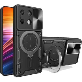 حافظة Ysnzaq Armor لهاتف Xiaomi Poco X6 Pro، غطاء هاتف منزلق بعدسة مع دعامة ملف مغناطيسي لهاتف Xiaomi Poco X6 Pro CQ أسود