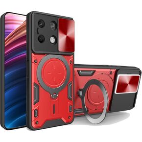Ysnzaq Armor Case for Xiaomi Poco X6 Pro, Lens Sliding Phone Cover with Magnetic Coil Bracket for Xiaomi Poco X6 Pro CQ Black
