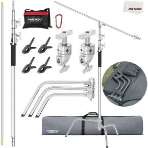 AMBITFUL All Metal C Stand Light Stand with Boom Arm-Photography Light Stand, Max Height 10.5ft/320cm Adjustable Reflector Stand with 4.2ft/128cm Holding Arm + Bag for Studio Monolight, Softbox