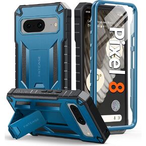 حافظة FNTCASE لهاتف Google Pixel 8: غطاء هاتف واقٍ متين مقاوم للصدمات من الدرجة العسكرية مع مسند، وحافظة بمشبك حزام وإطار أمامي إضافي، وحافظات هواتف خلوية صلبة شديدة التحمل Pixel 8 5G (أزرق)