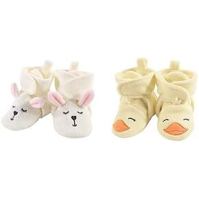 Hudson Baby Girl Cozy Fleece Booties 2-Pack, Modern Bunny Yellow Duck, 0-6 Months