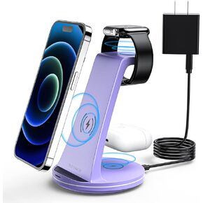 Wireless Charger 3 in 1 Fast Charging Station Wireless Charger Stand for iPhone 14/13/12/11/Pro/Max/XS/XR/8/Plus/SE, Samsung, for Apple Watch 8/7/6/5/4/3/2/1/SE, for AirPods 3/2/Pro with Adapter