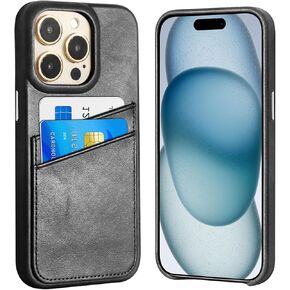 Premium Genuine Leather Wallet Case, Compatible with iPhone 15,Slim Shockproof Phone Case with 2 Credit Card Holder Slots,Raised Edges Protect Camera,6.1 in Classic Black