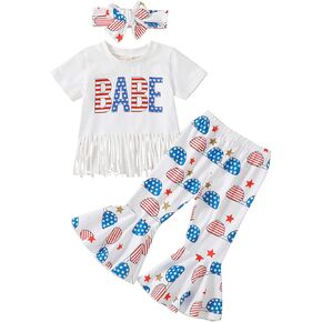 LIN&BABAY Toddler Baby Girl 4th of July Outfits American Flag Short Sleeve Tassel T-shirts+Bell Bottom Pants+Headband