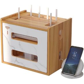 Wooden Router Shelf, Desktop WiFi Router Storage Box Modem Rack Router Cover Power Strip and Cable Management Hider Organizer for Office and Home (White)