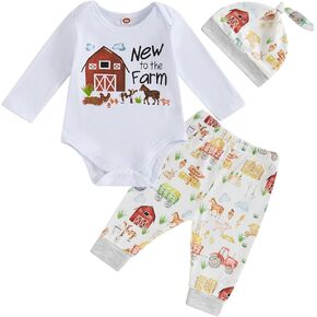 Baby Boy Farm Clothes Newborn Coming Home Outfit with Hat Infant Boy's Long Sleeve Romper & Pant Sets