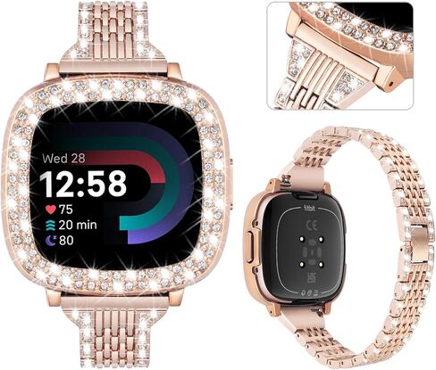 MOFREE Bling Band متوافق مع Fitbit Versa 4 Bands/Fitbit Sense 2 Bands للنساء مع غطاء حماية ممتص للصدمات صلب، سوار معصم معدني من حجر الراين والمجوهرات من أجل Fitbit Versa 4/Sense 2 in Kuwait