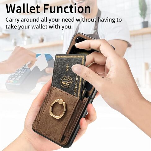 لهاتف Samsung Galaxy Z Flip 6 مع حامل بطاقة، حافظة هاتف بمحفظة مع حامل دائري مدمج من جلد البولي يوريثان حافظة واقية للنساء والفتيات Samsung Galaxy Z Flip 6 بني in Kuwait
