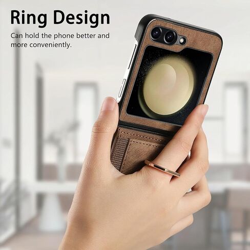 لهاتف Samsung Galaxy Z Flip 6 مع حامل بطاقة، حافظة هاتف بمحفظة مع حامل دائري مدمج من جلد البولي يوريثان حافظة واقية للنساء والفتيات Samsung Galaxy Z Flip 6 بني in Kuwait