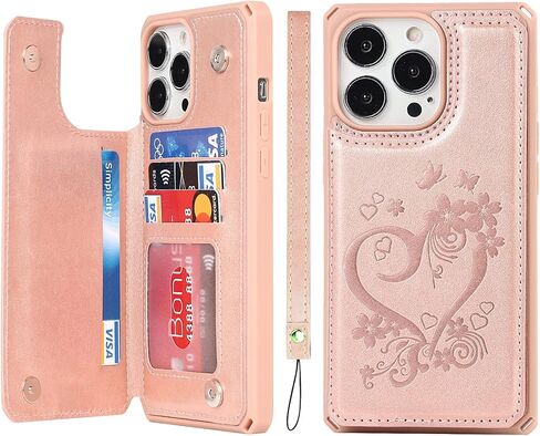 iCoverCase Compatible with iPhone 13 Pro Max Wallet Phone Case with Card Holder for Women, RFID Blocking Embossed PU Leather Wrist Strap Case 6.7 Inch (Heart Black) in Saudi Arabia