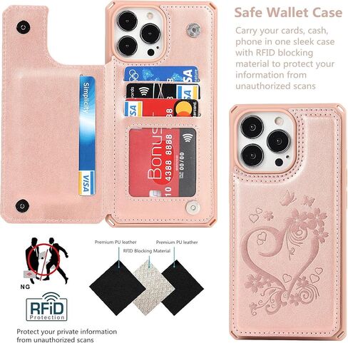 iCoverCase Compatible with iPhone 13 Pro Max Wallet Phone Case with Card Holder for Women, RFID Blocking Embossed PU Leather Wrist Strap Case 6.7 Inch (Heart Black) in Saudi Arabia