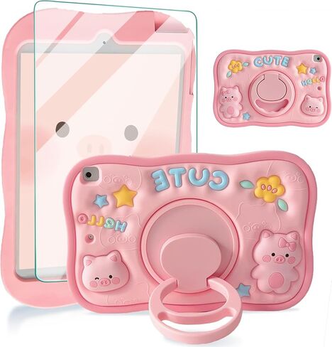 for iPad 9th 8th 7th Generation Case iPad 10.2 Case with Screen Protector ShoulderProtector 360 Rotating Kickstand for Kids Girl Cute Pig Silicone Tablet Cover for iPad 9th/8th/7th Gen 10.2''（pink） in Kuwait
