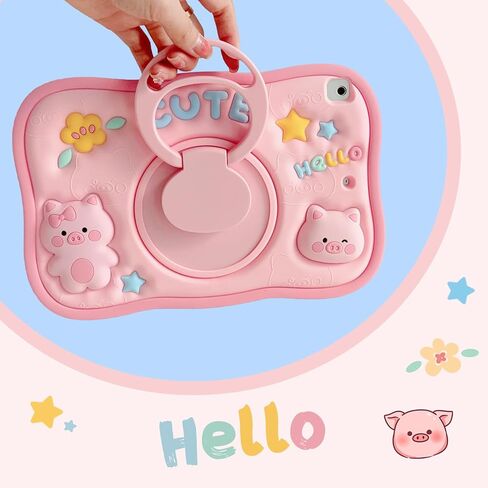 for iPad 9th 8th 7th Generation Case iPad 10.2 Case with Screen Protector ShoulderProtector 360 Rotating Kickstand for Kids Girl Cute Pig Silicone Tablet Cover for iPad 9th/8th/7th Gen 10.2''（pink） in Kuwait
